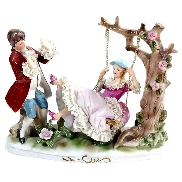 Romantic Dresden Lace Figurine Sculpture Man Woman Tree Swing Capodimonte - Picture 7 of 16